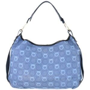 Salvatore Ferragamo Gancini Canvas Shoulder Bag Blue Black Gold